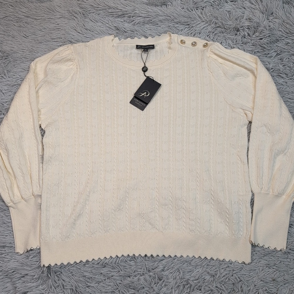Adrianna Papell Sweater Womens XL Winter White Cable Stitch Preppy Comfort New